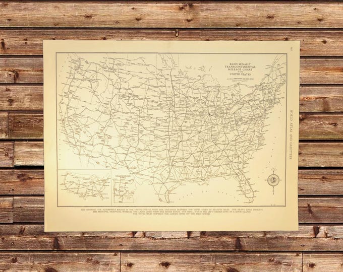 Vintage Wall Art US Roadway Map US Highway Map US 1930s Usa Print