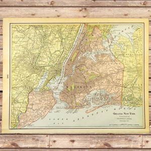 Antique NEW YORK CITY Area Map of Manhattan Wall Art Brooklyn Vicinity Mens Gift
