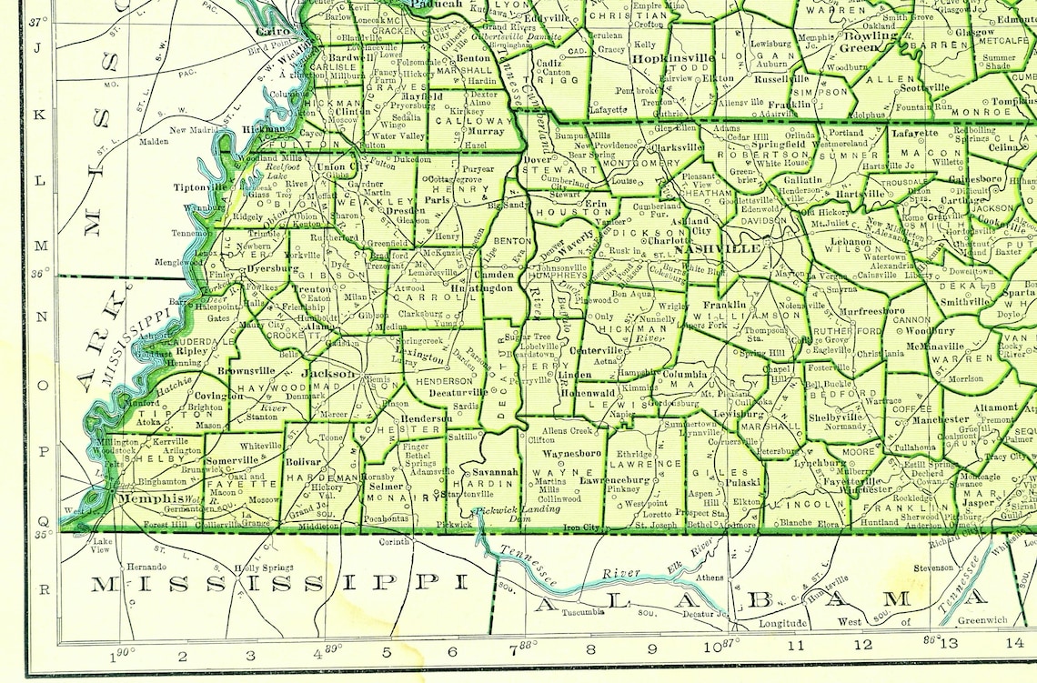 Map of TENNESSEE Map of KENTUCKY Wall Art Decor Green ORIGINAL - Etsy