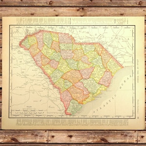 Vintage SOUTH CAROLINA Map Wall Art Decor ORIGINAL Charleston Dated 1904 Antique