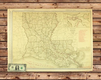 Vintage Map of LOUISIANA RAILROAD Map Wall Art LARGE Antique Railroad Original