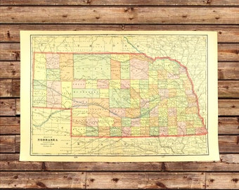 Antique NEBRASKA Map Wall Art Decor LARGE ORIGINAL Old Boyfriend Gift