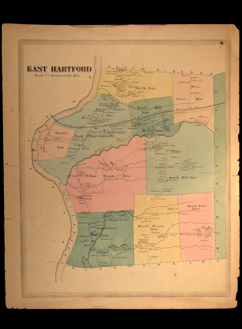 East Hartford Map Street Antique Connecticut Residential Etsy