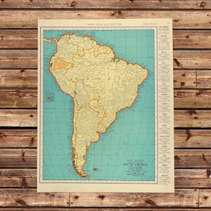Vintage SOUTH AMERICA Map Wall Art Decor 1930s ORIGINAL Lithograph