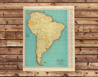 Vintage SOUTH AMERICA Map Wall Art Decor 1930s ORIGINAL Lithograph Gift For Her