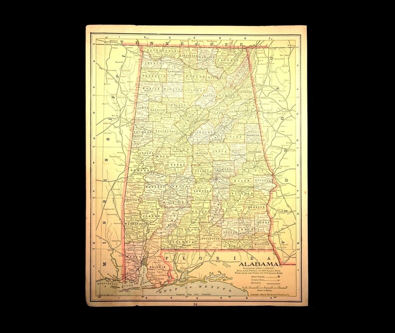 Alabama Map of Alabama Wall Art Decor Antique Original Early Etsy