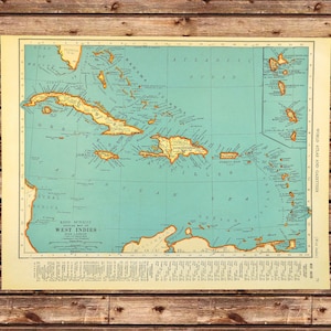 Vintage Caribbean Map of the West Indies Wall Art Frameable Matted ORIGINAL