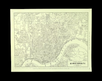 CINCINNATI City Street Map Wall Art Decor Vintage ORIGINAL 1940s Boyfriend Gift