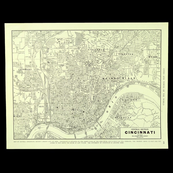 CINCINNATI City Street Map Wall Art Decor Vintage ORIGINAL 1940s Boyfriend Gift