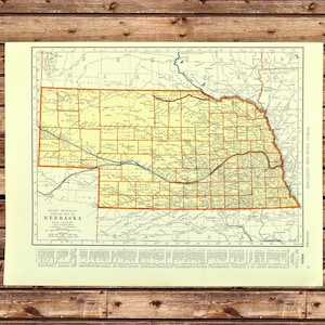 Vintage NEBRASKA MAP Wall Art Old ORIGINAL Lithograph Cornhusker State Gift