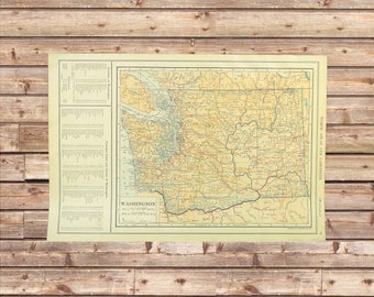 Mapa vintage de Washington, decoración de pared, ferrocarril, década de 1920, antiguo, original, antiguo