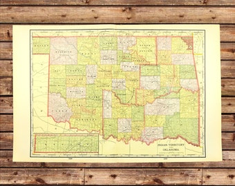 Vintage Oklahoma Map Wall Art Indian Territory LARGE Old ORIGINAL Antique