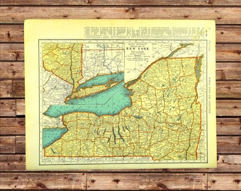 Vintage NEW YORK Map Wall Art State ORIGINAL Frameable Ready to Frame Lithograph