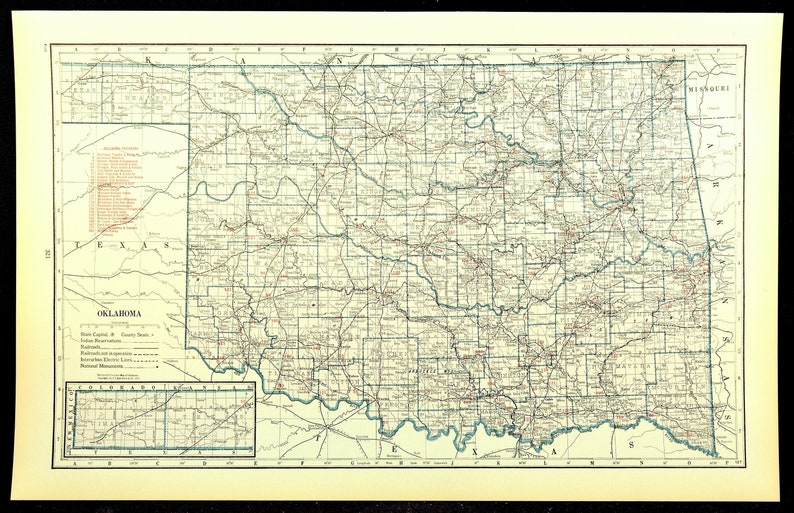 Oklahoma Map of Oklahoma Wall Art Decor Railroad Map LARGE Etsy