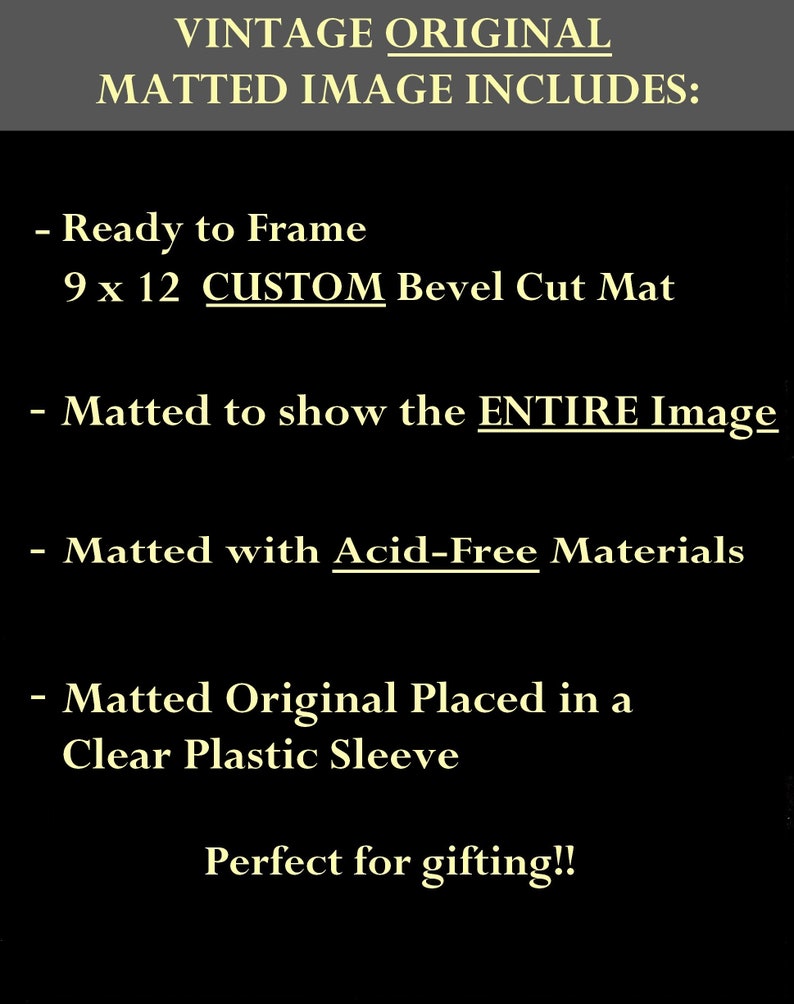 May include: A black and white text graphic on a black background. The text reads "VINTAGE ORIGINAL MATTE IMAGE INCLUDES:" followed by a list of features: "Ready to Frame 9 x 12 CUSTOM Bevel Cut Mat", "Matted to show the ENTIRE Image", "Matted with Acid-Free Materials", "Matted Original Placed in a Clear Plastic Sleeve", and "Perfect for gifting!!"