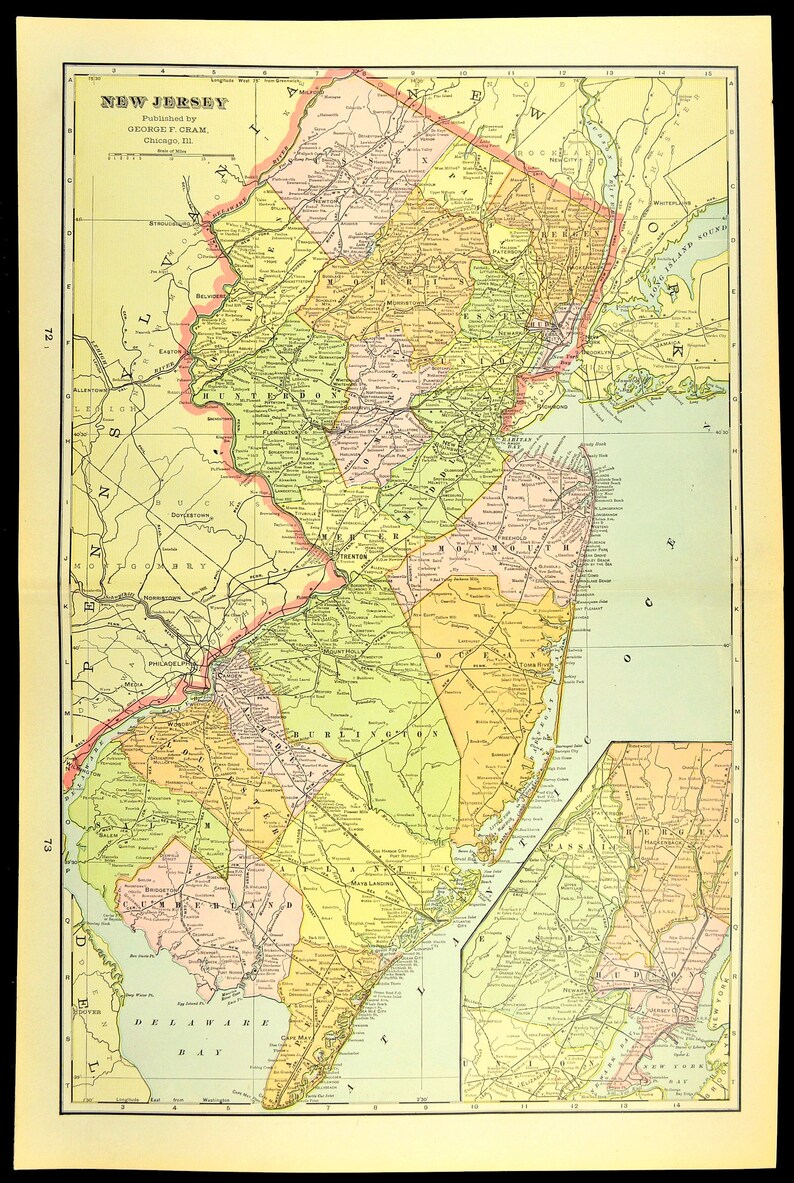 New Jersey Map of New Jersey Wall Decor Art LARGE Antique Etsy