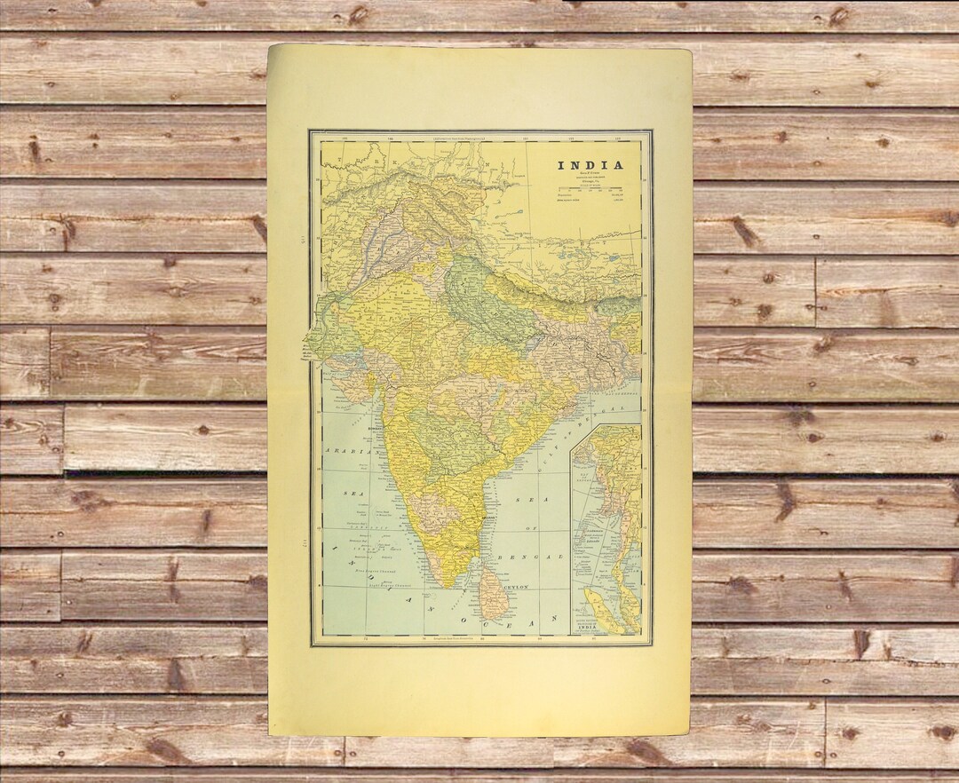 Vintage INDIA Map of India Wall Art LARGE Antique Ceylon Nepal Burma ...