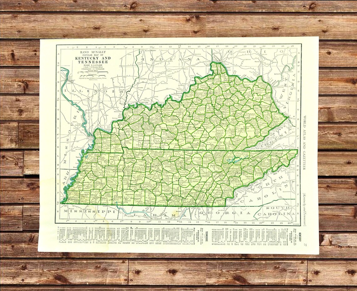 Map of TENNESSEE Map of KENTUCKY Wall Art Decor Green ORIGINAL - Etsy