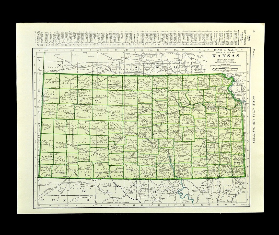 Kansas Map of Kansas Wall Art Decor Vintage Old 1940s Original Etsy