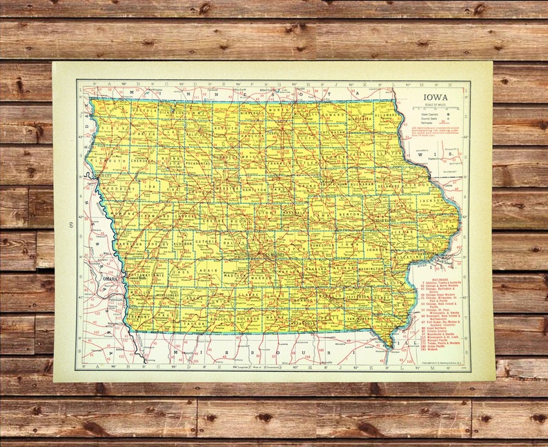 Vintage IOWA Map of Iowa Railroad Map Wall Art Frameable Etsy