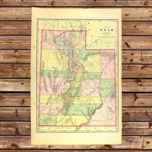 Vintage UTAH Map Wall Art Decor LARGE Old ORIGINAL Great Salt Lake Antique