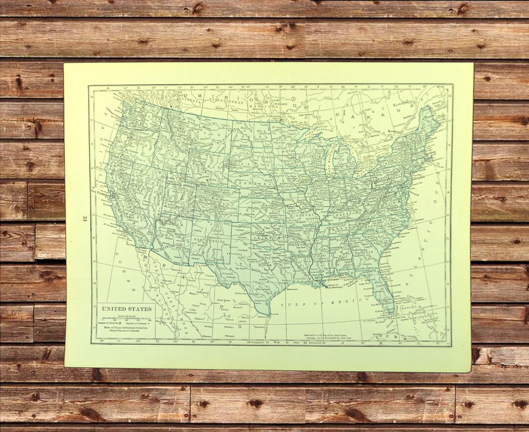 Vintage UNITED STATES Map of the US Wall Art Decor Antique Gift for Her ...