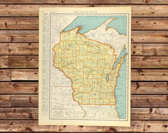 Vintage WISCONSIN Map Wall Art Frameable Ready to Frame ORIGINAL Lithograph