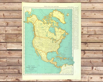 Vintage NORTH AMERICA Map Wall Art Frameable Matted ORIGINAL Lithograph Mens Gift