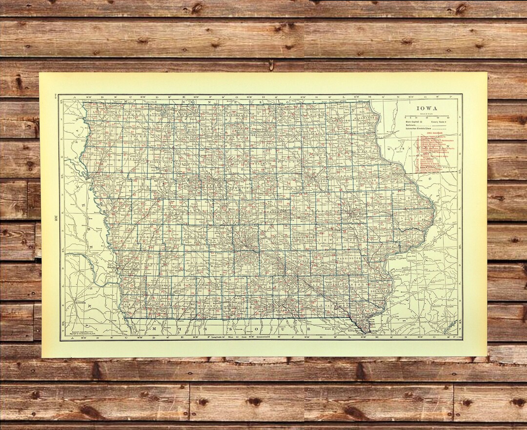 Vintage IOWA RAILROAD Map Wall Art Decor LARGE Antique Original Old ...