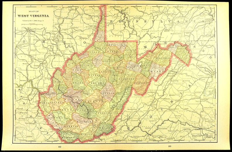 West Virginia Map of West Virginia Wall Art Decor Antique Etsy