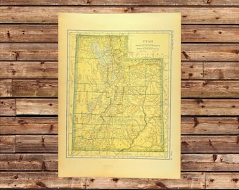Vintage UTAH Map of Utah Wall Art Railroad ORIGINAL 1920s Yellow