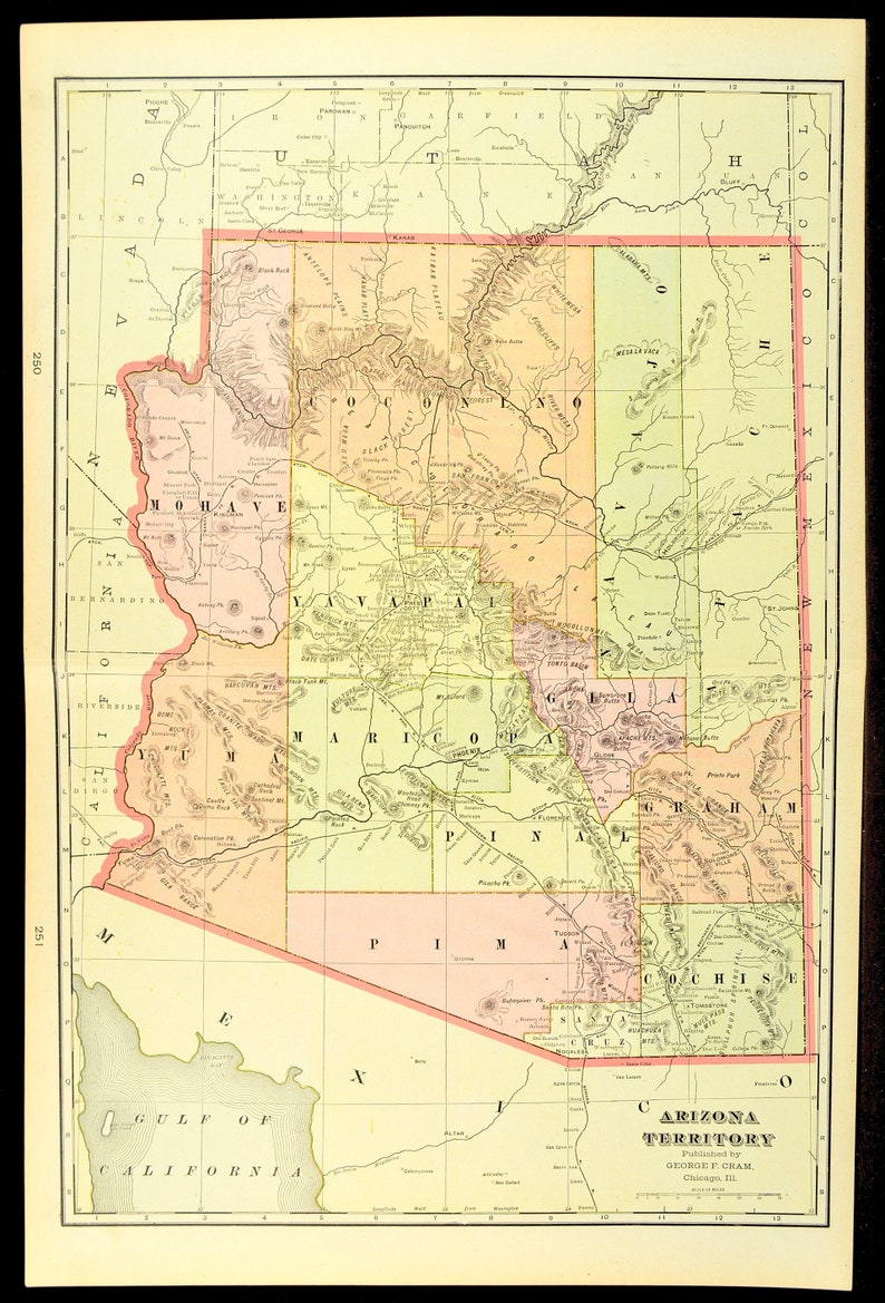 LARGE Arizona Map of Arizona Wall Art Decor Antique Original | Etsy
