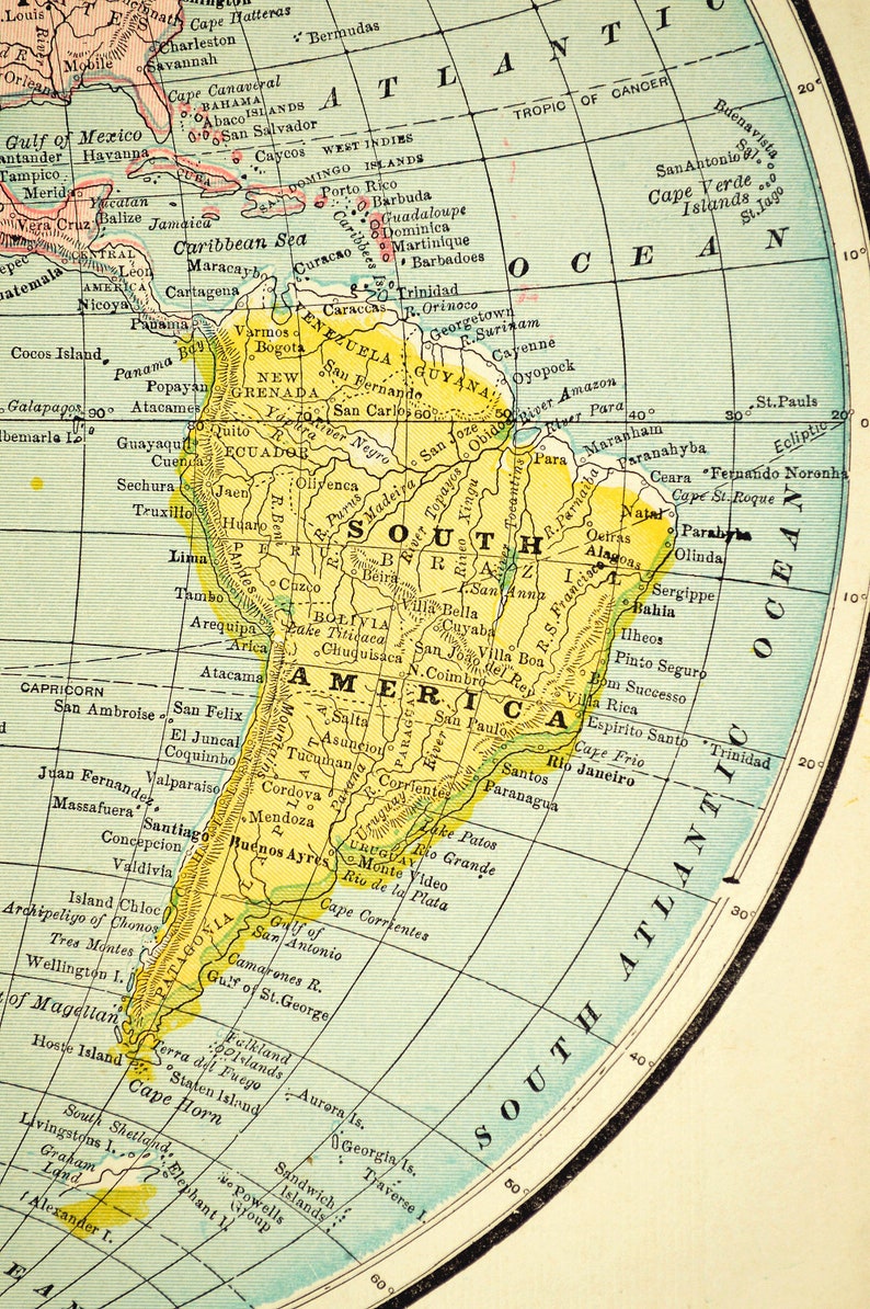 Vintage World Map Wall Art Decor North America Antique Old Etsy