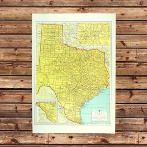 1947 Vintage TEXAS Map Wall Art Decor Colorful Yellow Lone Star State Gift