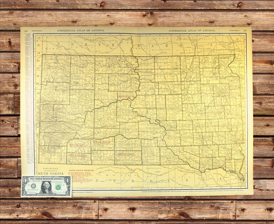 Vintage SOUTH DAKOTA Railroad Map Wall Art Antique Original LARGE Mens ...