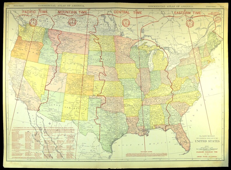 Antique UNITED STATES Map Wall Art Decor LARGE Time Zone Map Etsy