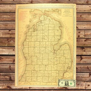 Vintage MICHIGAN Railroad Map Wall Art Decor LARGE Southern Peninsula Antique