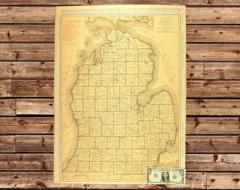 Mapa antiguo de ferrocarril de Michigan para decoración de pared, GRANDE, Península Sur.