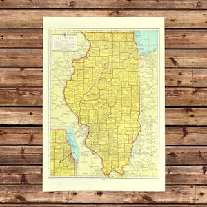 1947 Vintage ILLINOIS Map Wall Art Original Chicago Peoria Naperville DATED