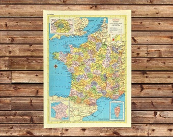 Vintage FRANCE Map Wall Art Frameable Ready to Frame ORIGINAL Traveler Gift