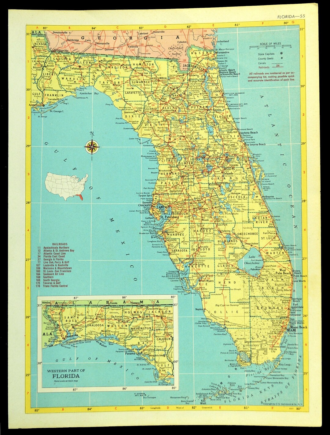 FLORIDA MAP Wall Art Decor Vintage 1950s Original Old Boyfriend Gift Etsy