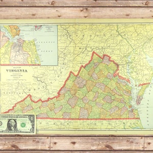 LARGE VIRGINIA Map Wall Art Decor Antique Early 1900s ORIGINAL Old Boyfriend Gift
