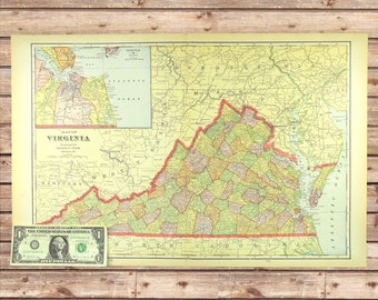 LARGE VIRGINIA Map Wall Art Decor Antique Early 1900s ORIGINAL Old Boyfriend Gift