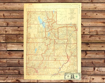 Vintage UTAH Map Wall Art Decor LARGE Railroad ORIGINAL Antique Mens Gift