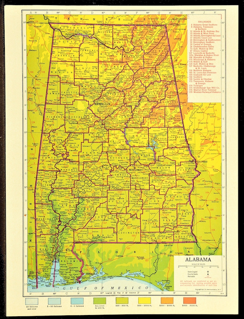 Alabama Map of Alabama Topographic Map Wall Art Decor Colorful Etsy