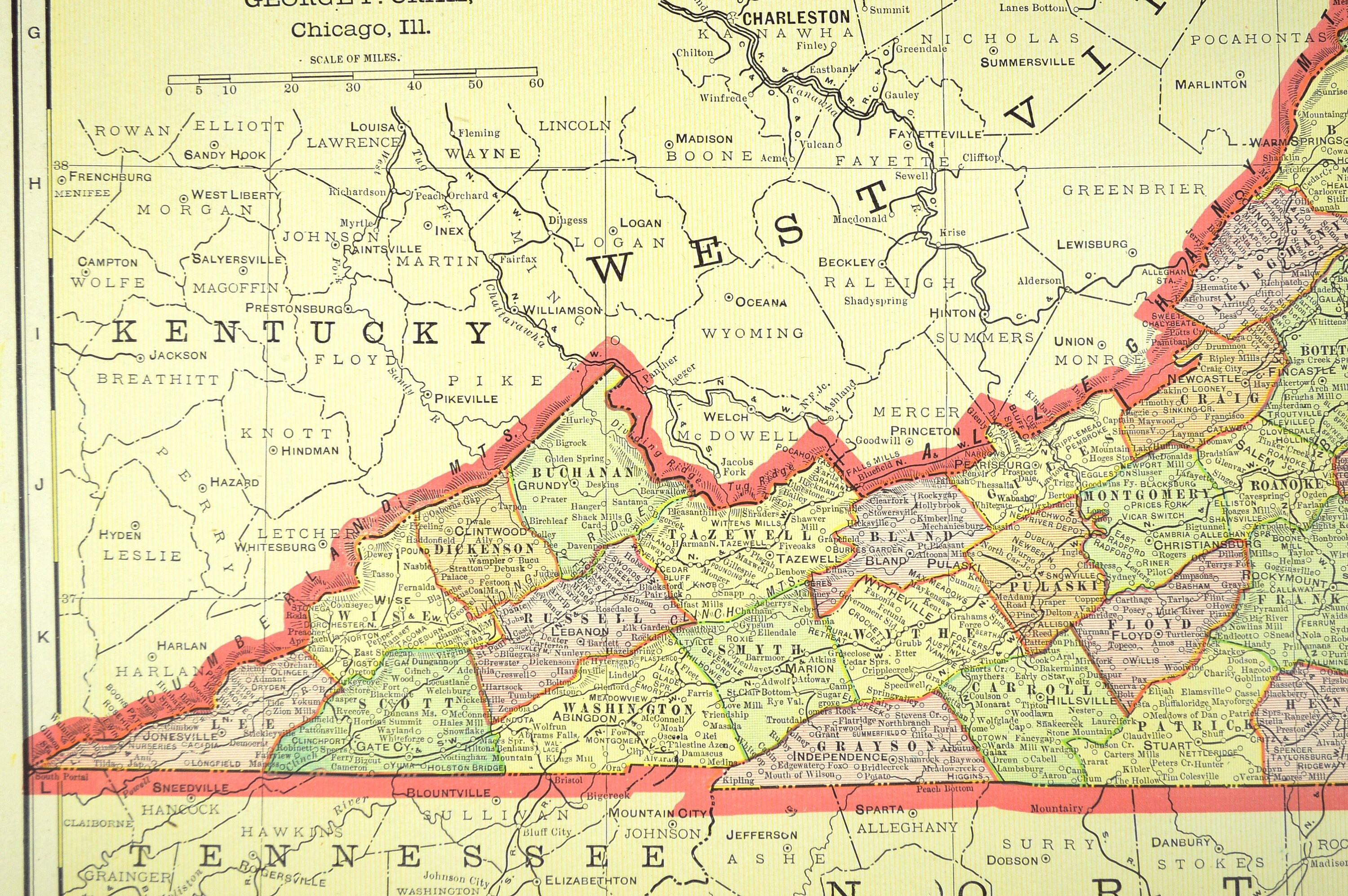 LARGE VIRGINIA Map Wall Art Decor Antique Early 1900s ORIGINAL Old ...