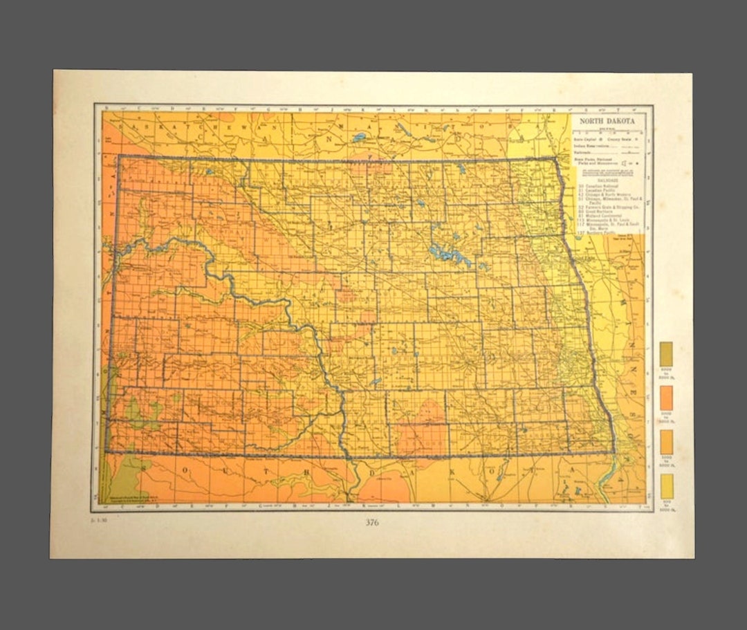 Vintage NORTH DAKOTA Map of North Dakota Wall Art Topographic Original Antique - Etsy