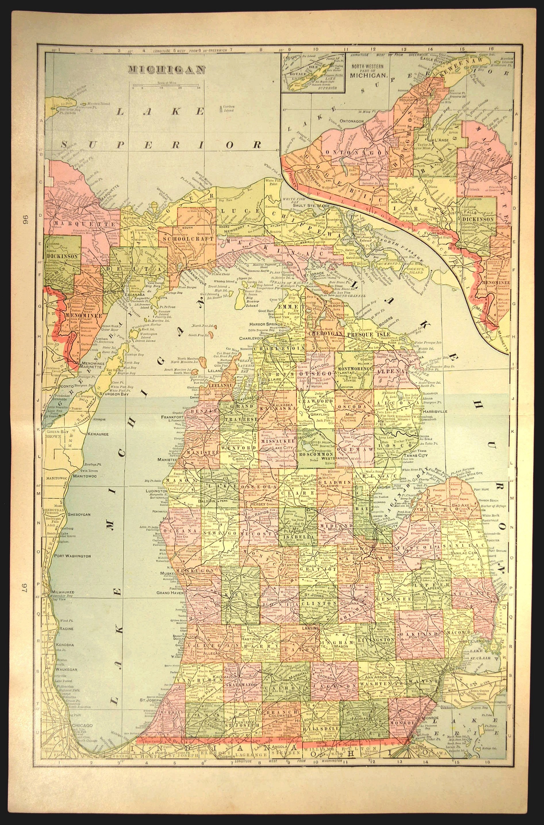 LARGE Michigan Map of Michigan Wall Decor Art Antique Original Etsy