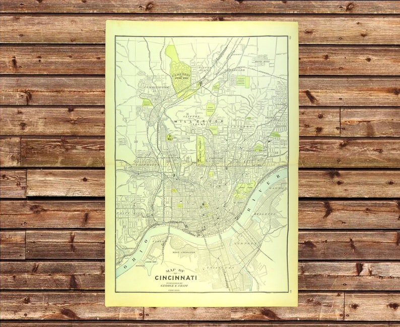 Antique CINCINNATI City Street Map Wall Art Decor LARGE Etsy
