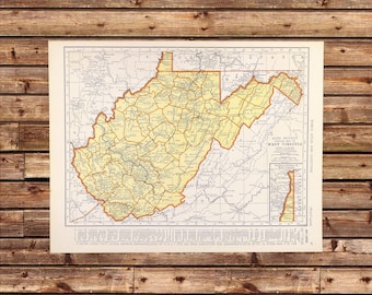 Vintage WEST VIRGINIA Map Wall Art Old 1930s ORIGINAL Lithograph